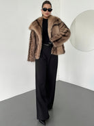 Cropped oversized faux fur coat in khaki for women