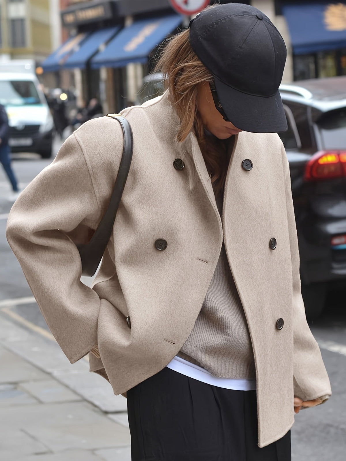 Oversized sleeve cropped pea coat for women