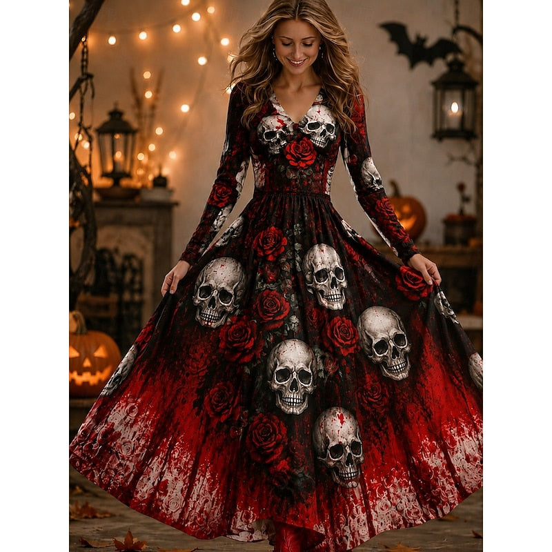 Halloween skeleton print maxi dress in wine for women