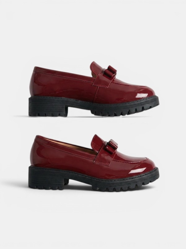 Patent-look bow chunky loafers for women