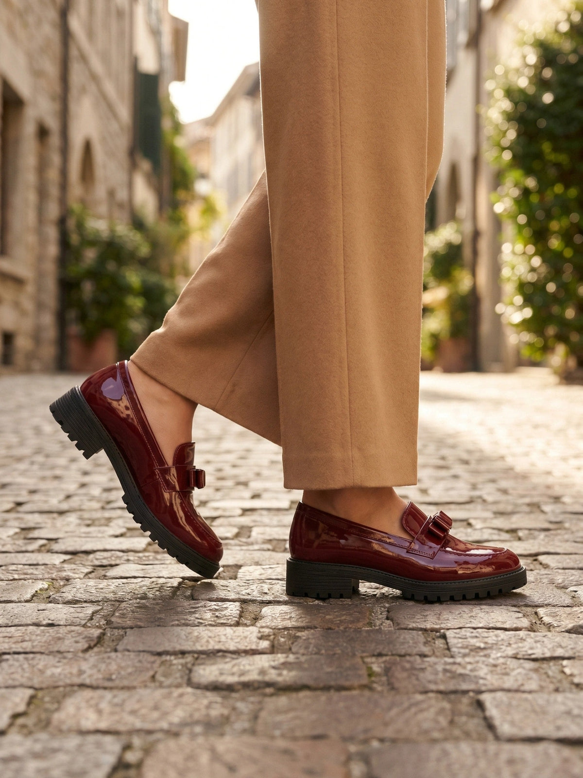 Patent-look bow chunky loafers for women
