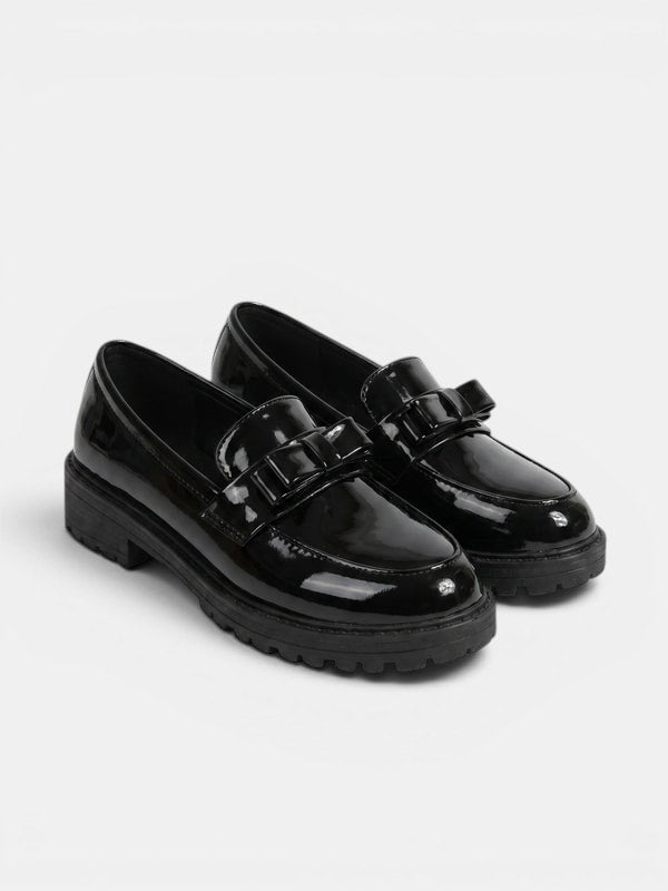 Patent-look bow chunky loafers for women