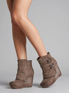 Double buckle ankle wedge boots for women