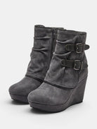 Double buckle ankle wedge boots for women