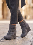 Double buckle ankle wedge boots for women
