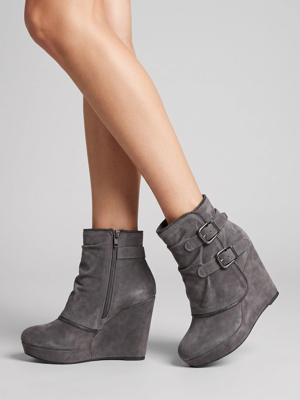 Double buckle ankle wedge boots for women