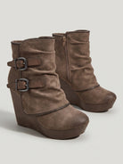Double buckle ankle wedge boots for women