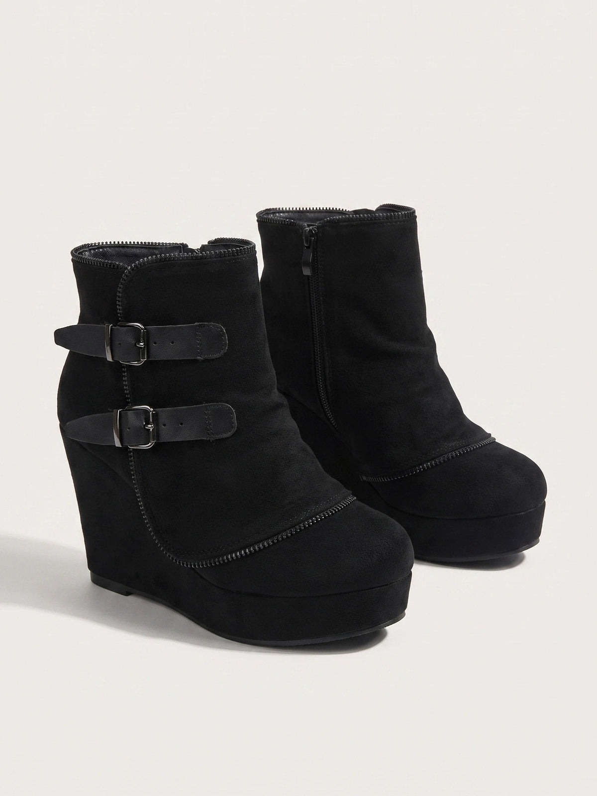 Double buckle ankle wedge boots for women