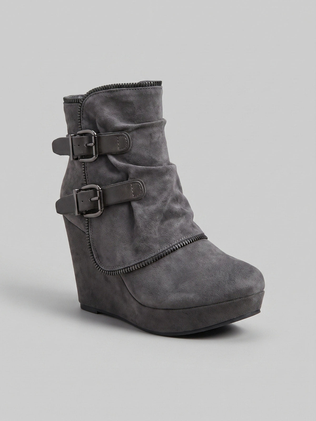 Double buckle ankle wedge boots for women
