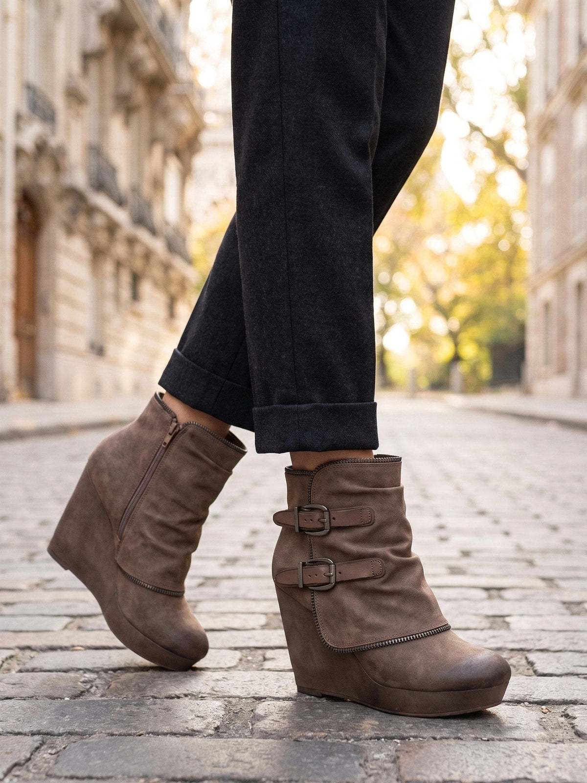 Double buckle ankle wedge boots for women