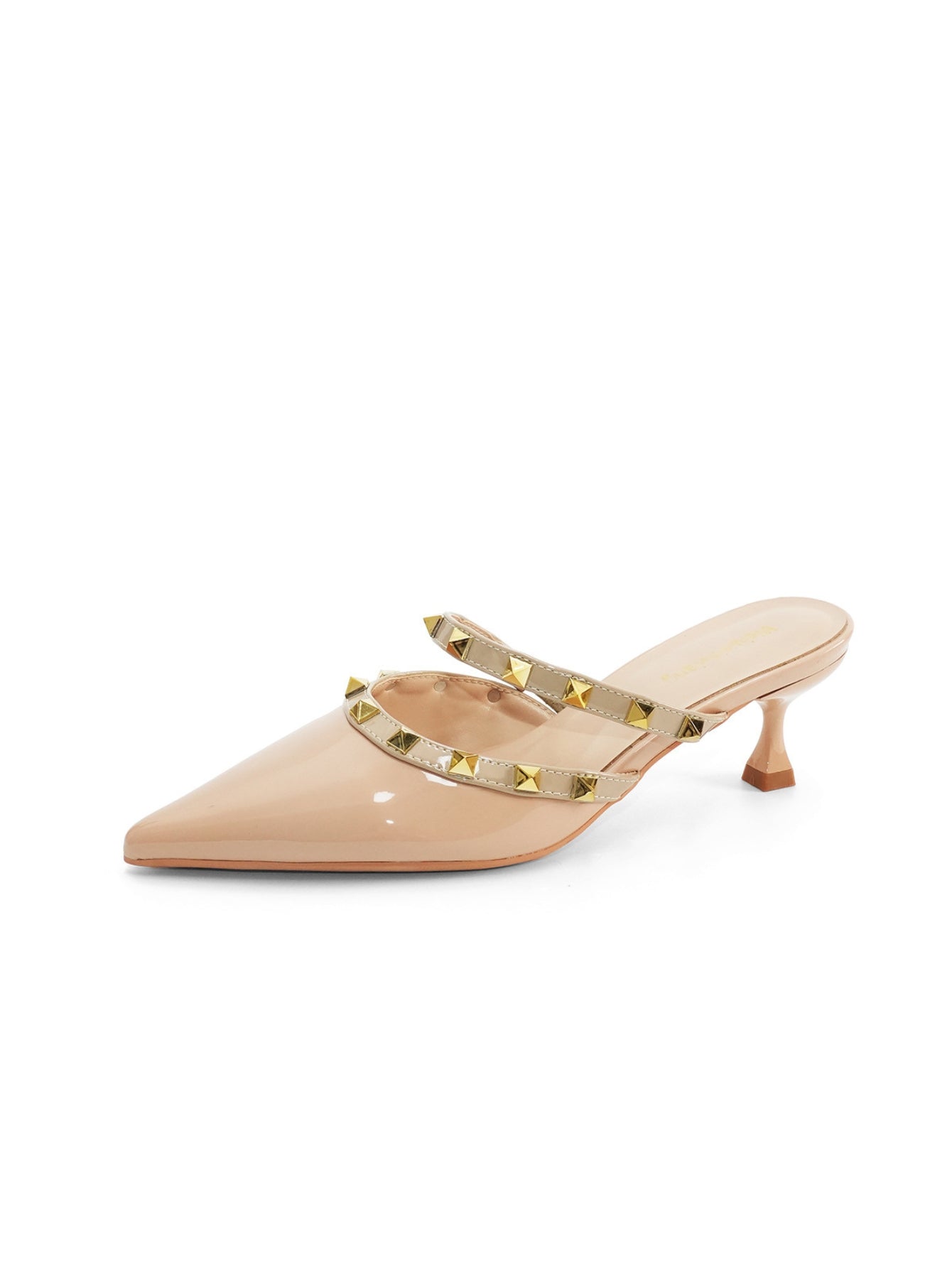 Studded patent kitten heel mules for women