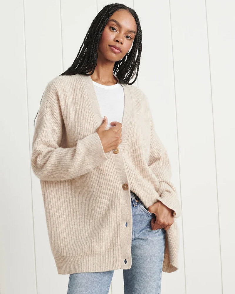 Oversized V-neck button knit cardigan for women