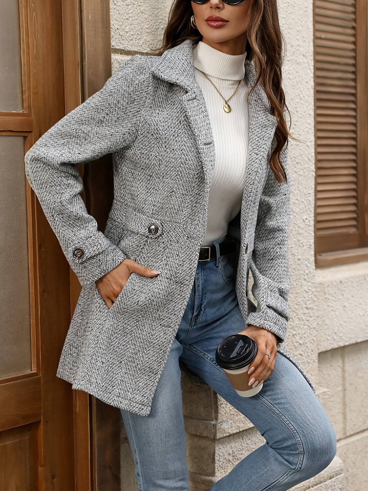Single-breasted herringbone belted coat for women