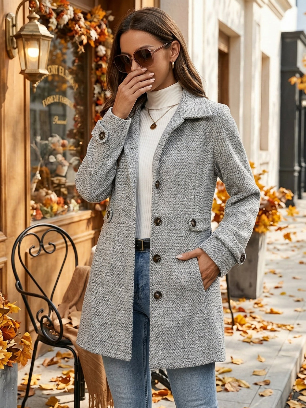 Single-breasted herringbone belted coat for women