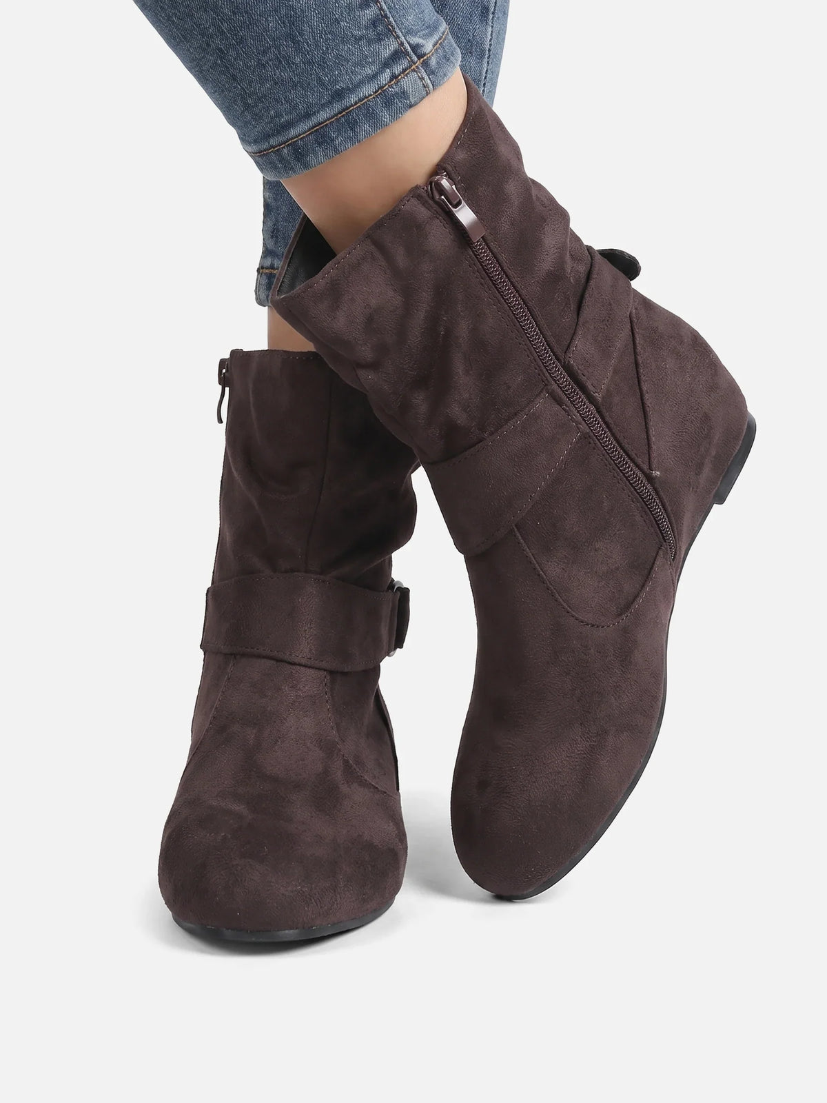 Suede-look buckle mid-calf slouch boots for women