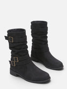 Triple buckle mid-calf slouch boots for women