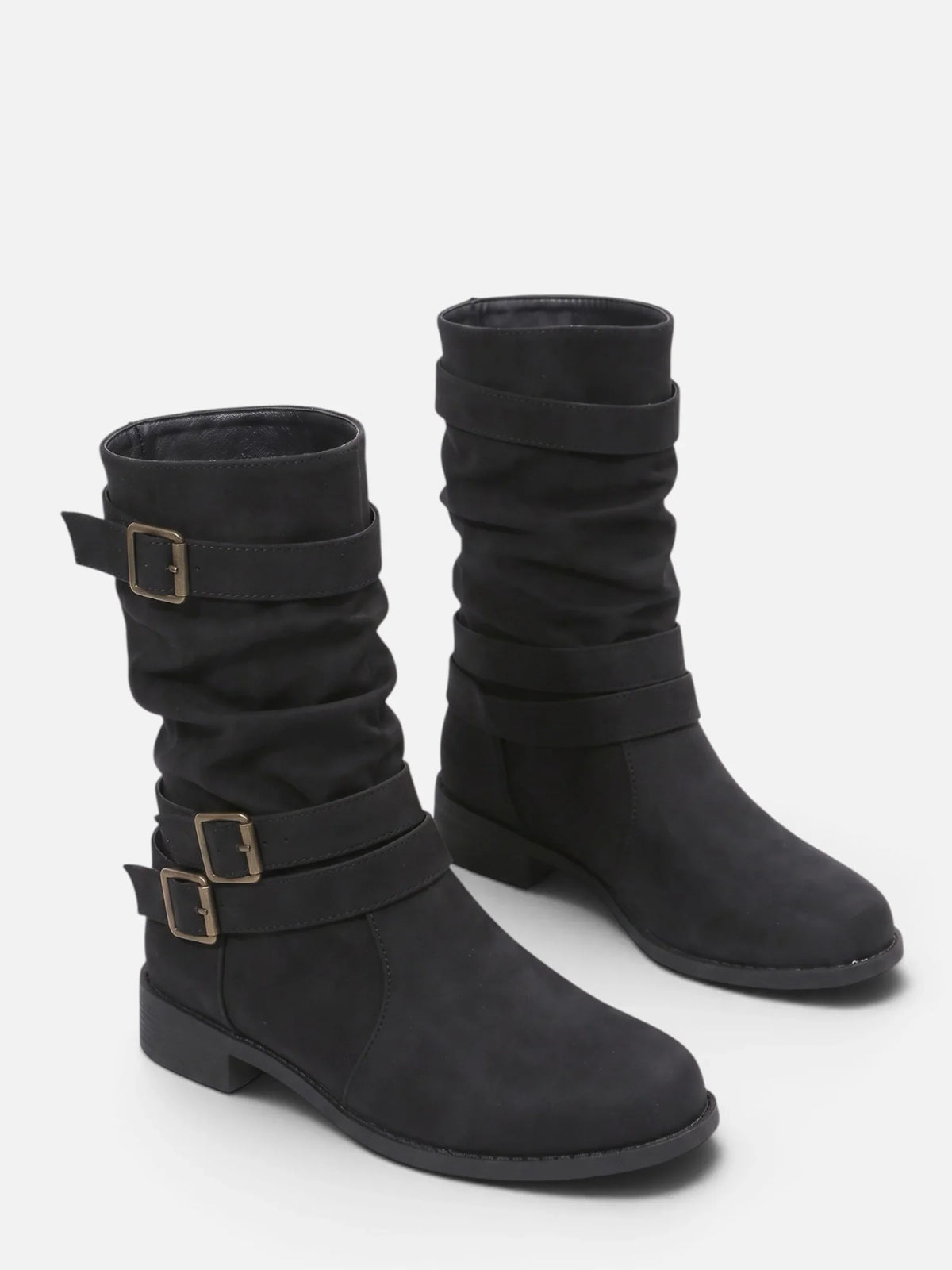 Triple buckle mid-calf slouch boots for women