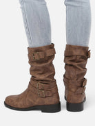 Triple buckle mid-calf slouch boots for women