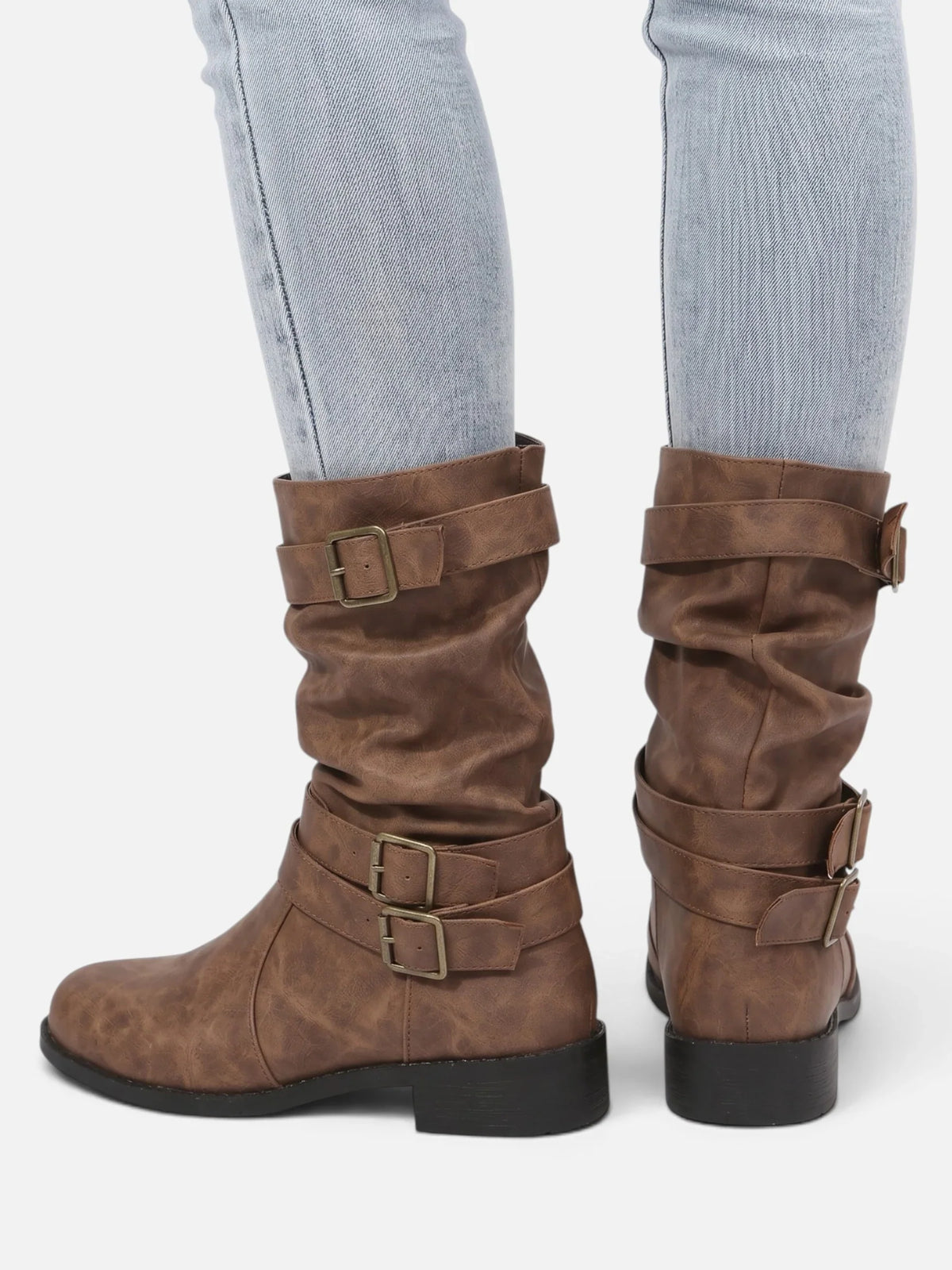 Triple buckle mid-calf slouch boots for women