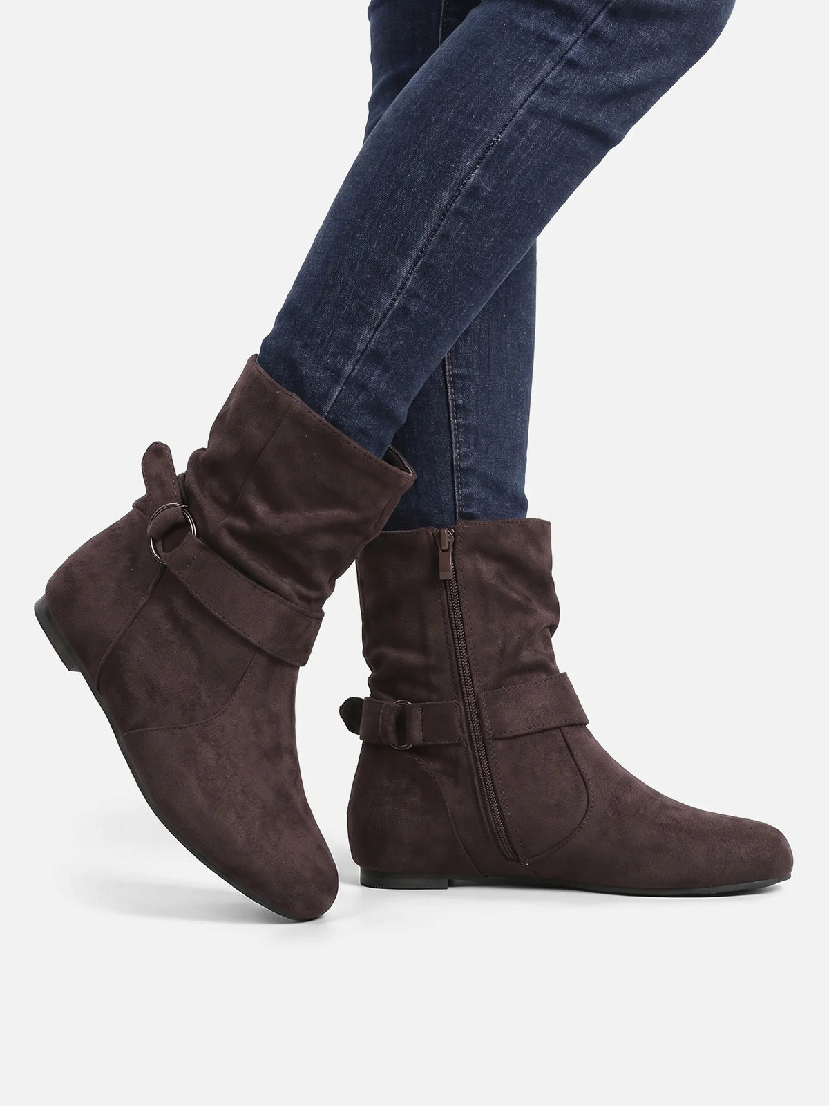 Suede-look buckle mid-calf slouch boots for women