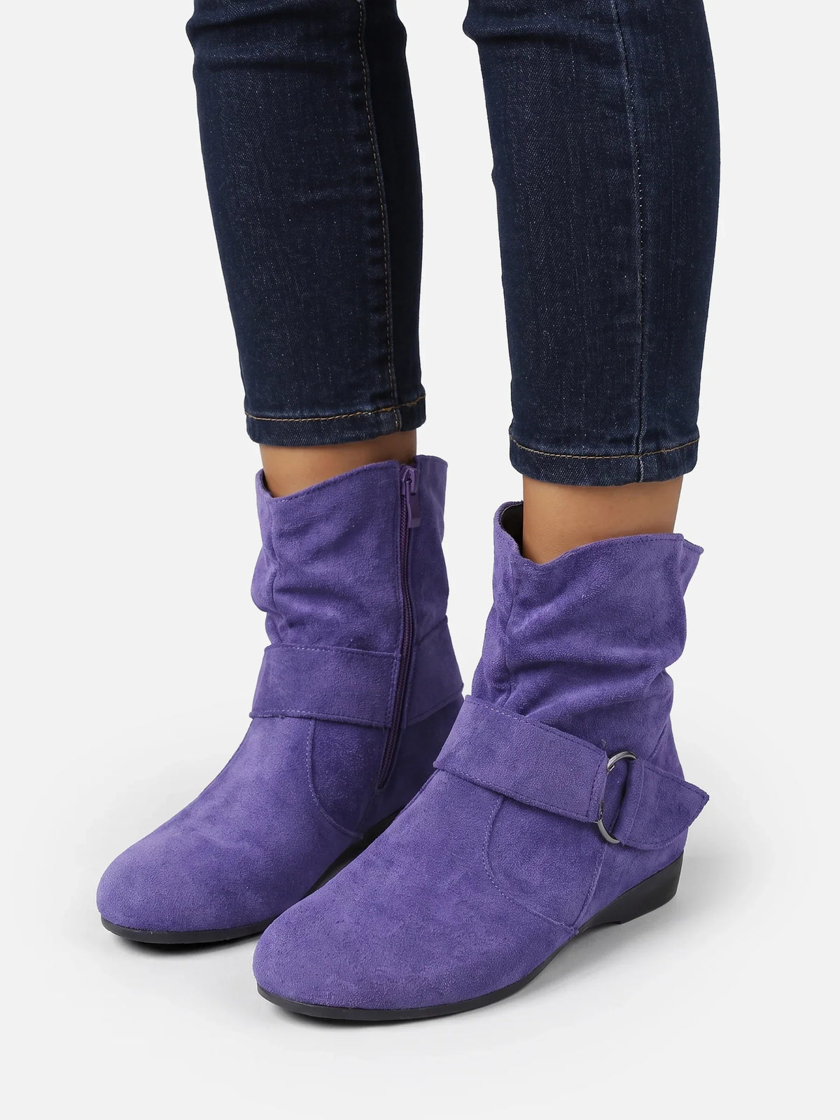 Suede-look buckle mid-calf slouch boots for women