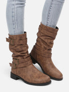 Triple buckle mid-calf slouch boots for women