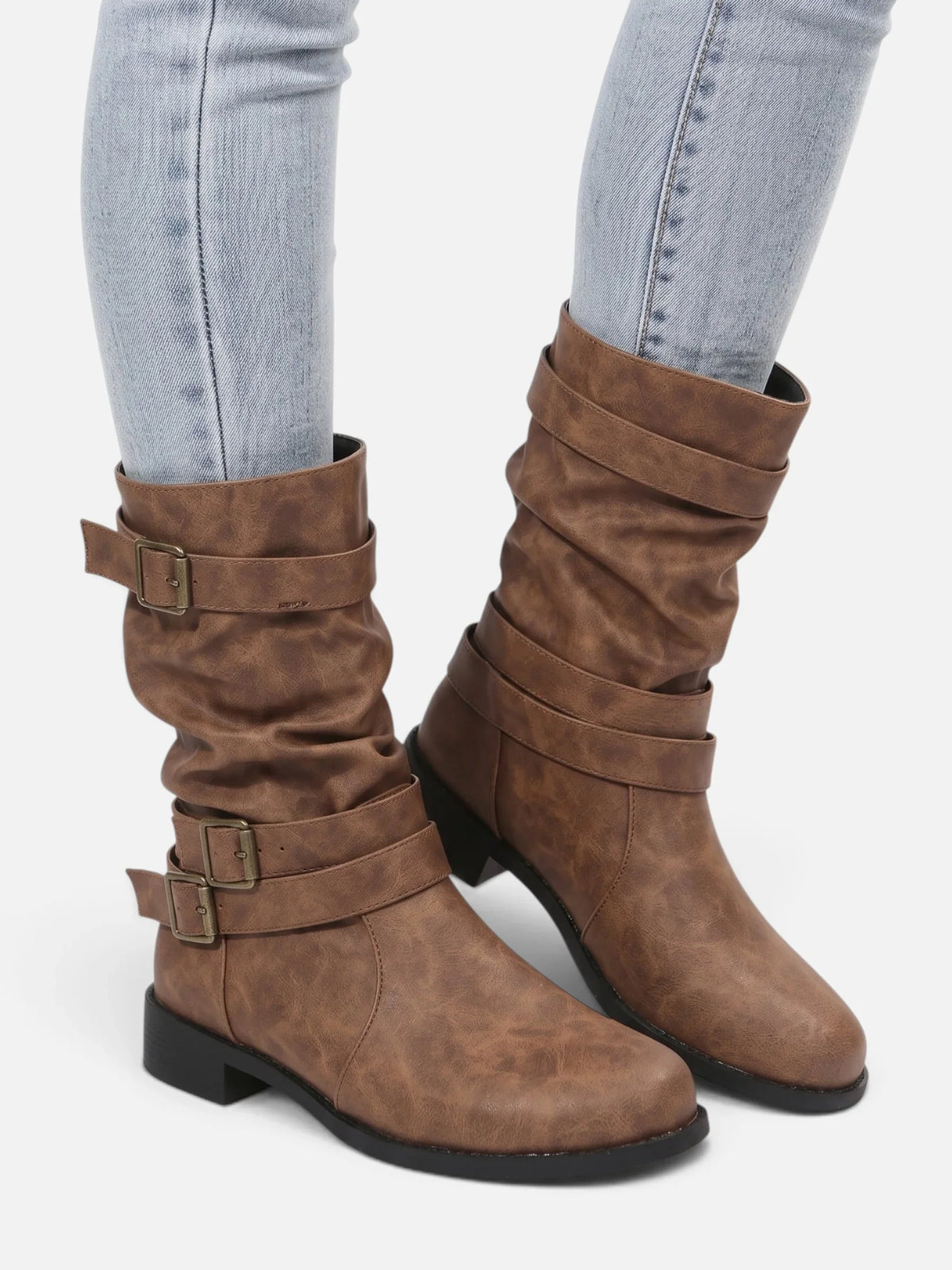 Triple buckle mid-calf slouch boots for women