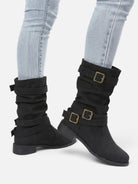 Triple buckle mid-calf slouch boots for women