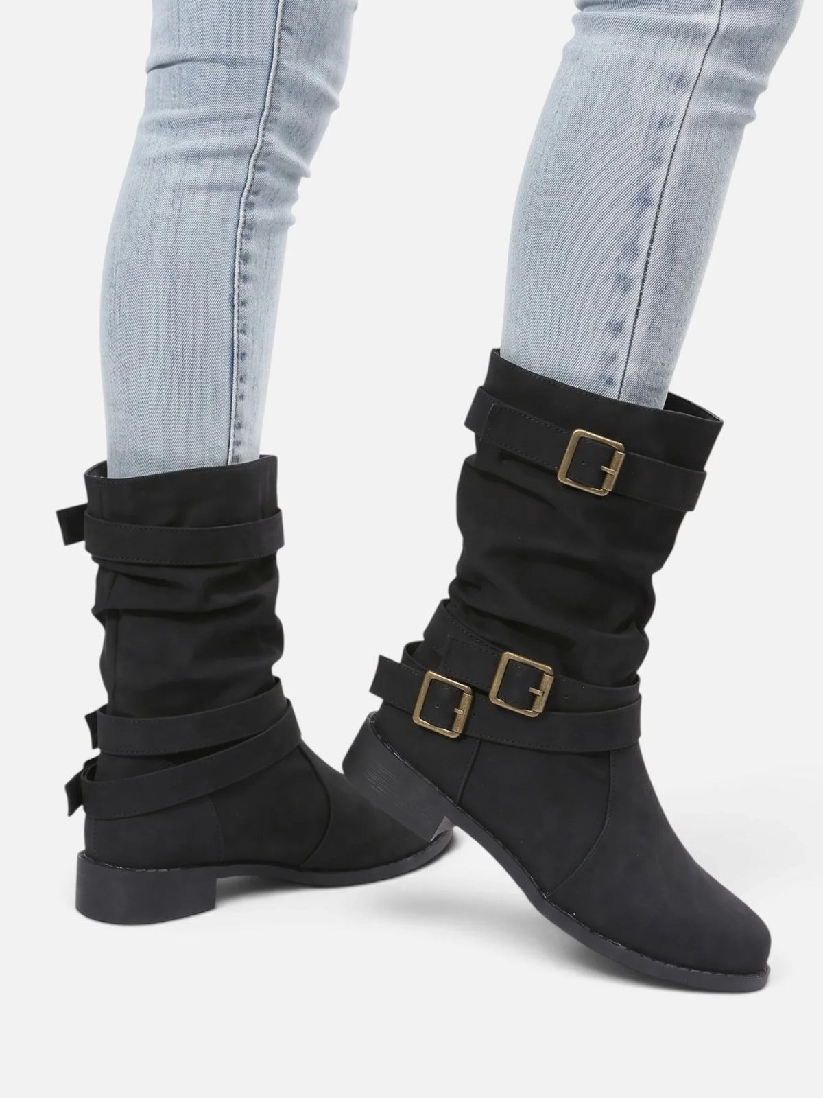 Triple buckle mid-calf slouch boots for women