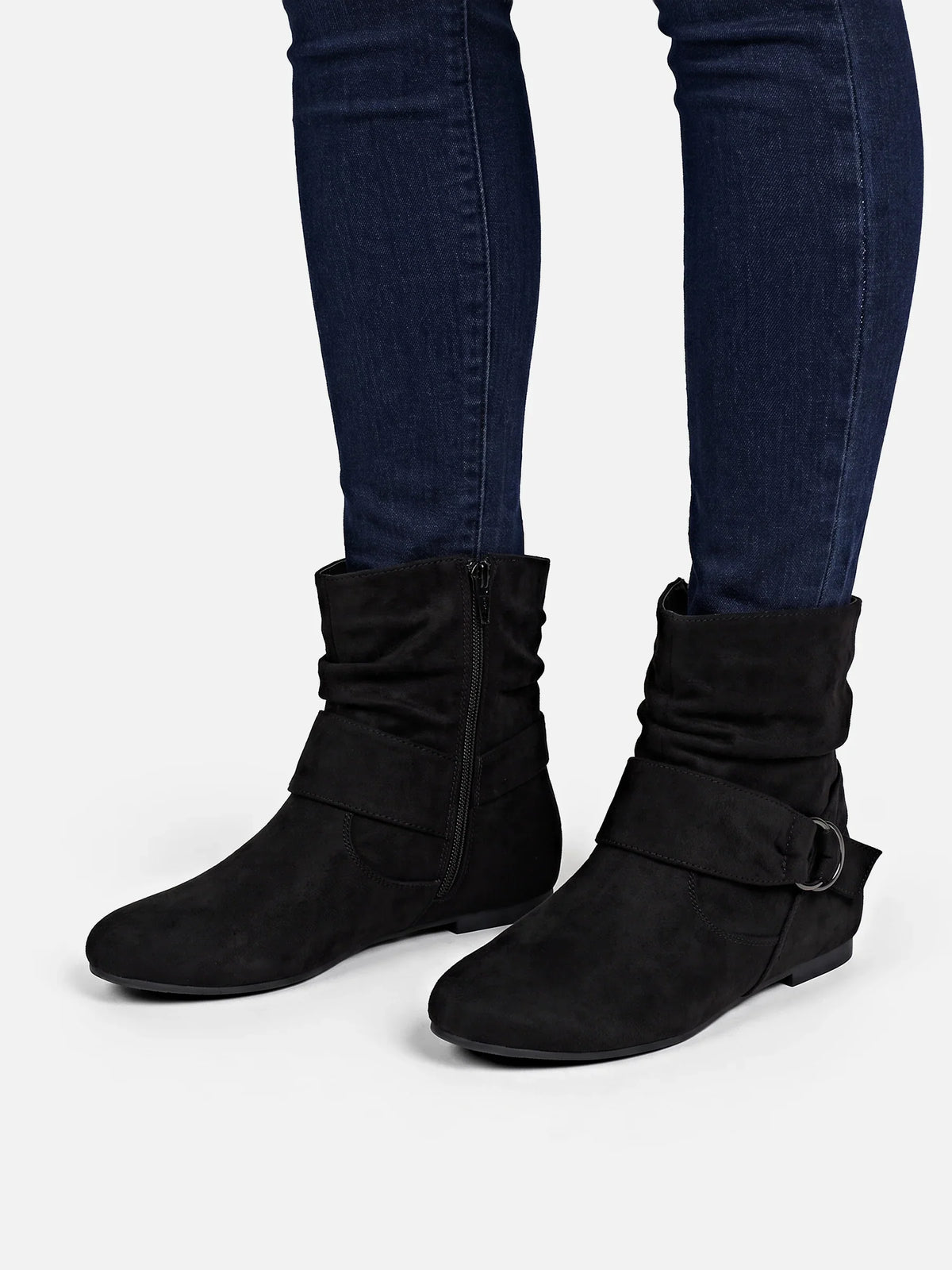 Suede-look buckle mid-calf slouch boots for women