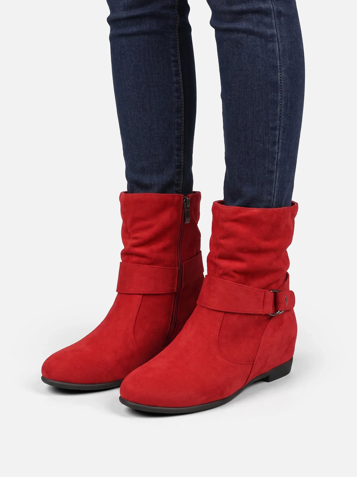 Suede-look buckle mid-calf slouch boots for women