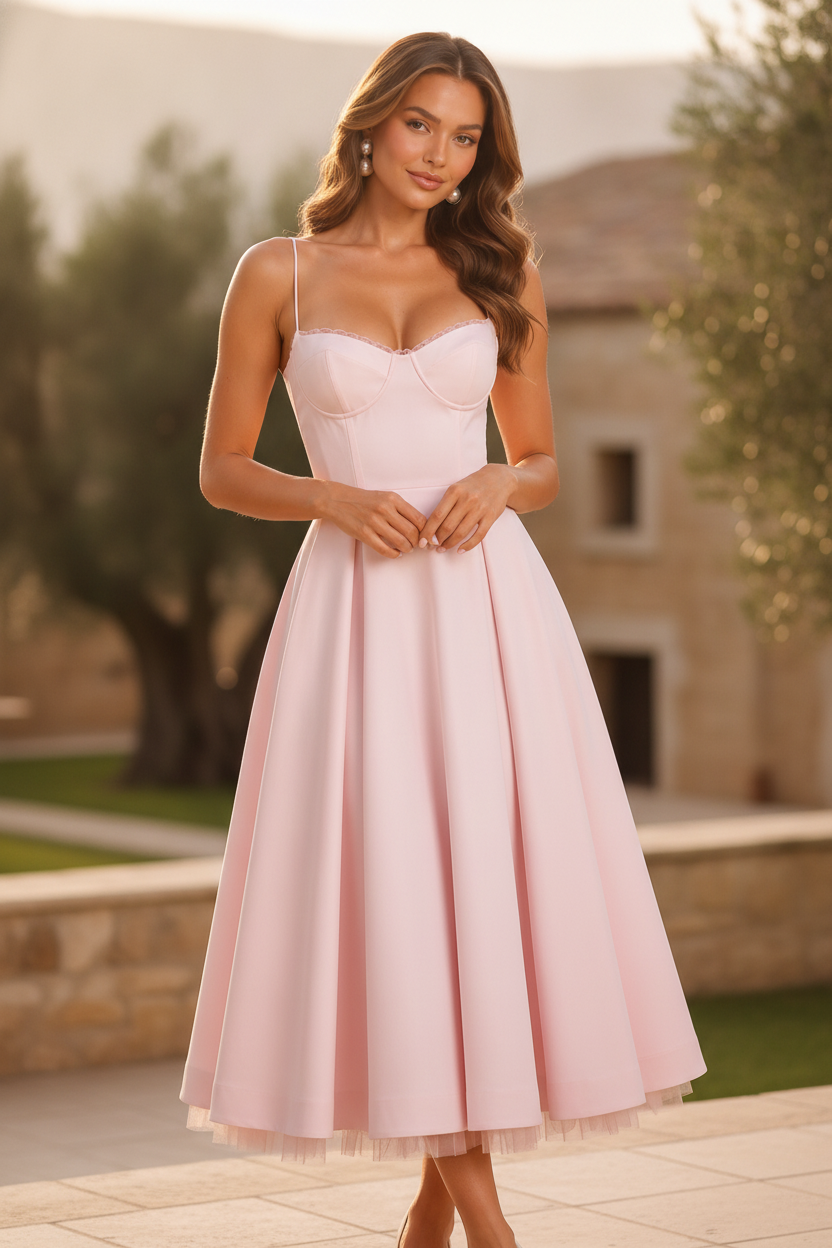 Vestido midi con corsé y escote corazón para mujer