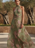 Vestido largo floral con cuello halter cruzado