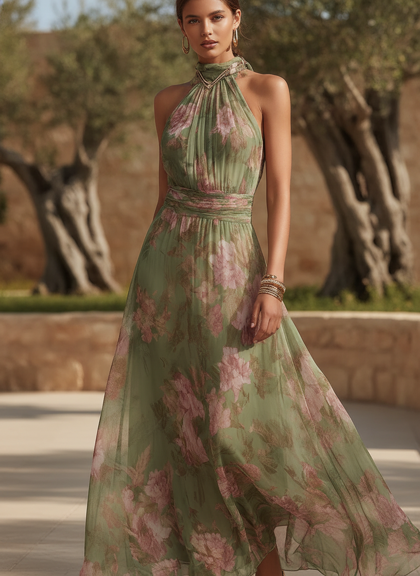 Vestido largo floral con cuello halter cruzado