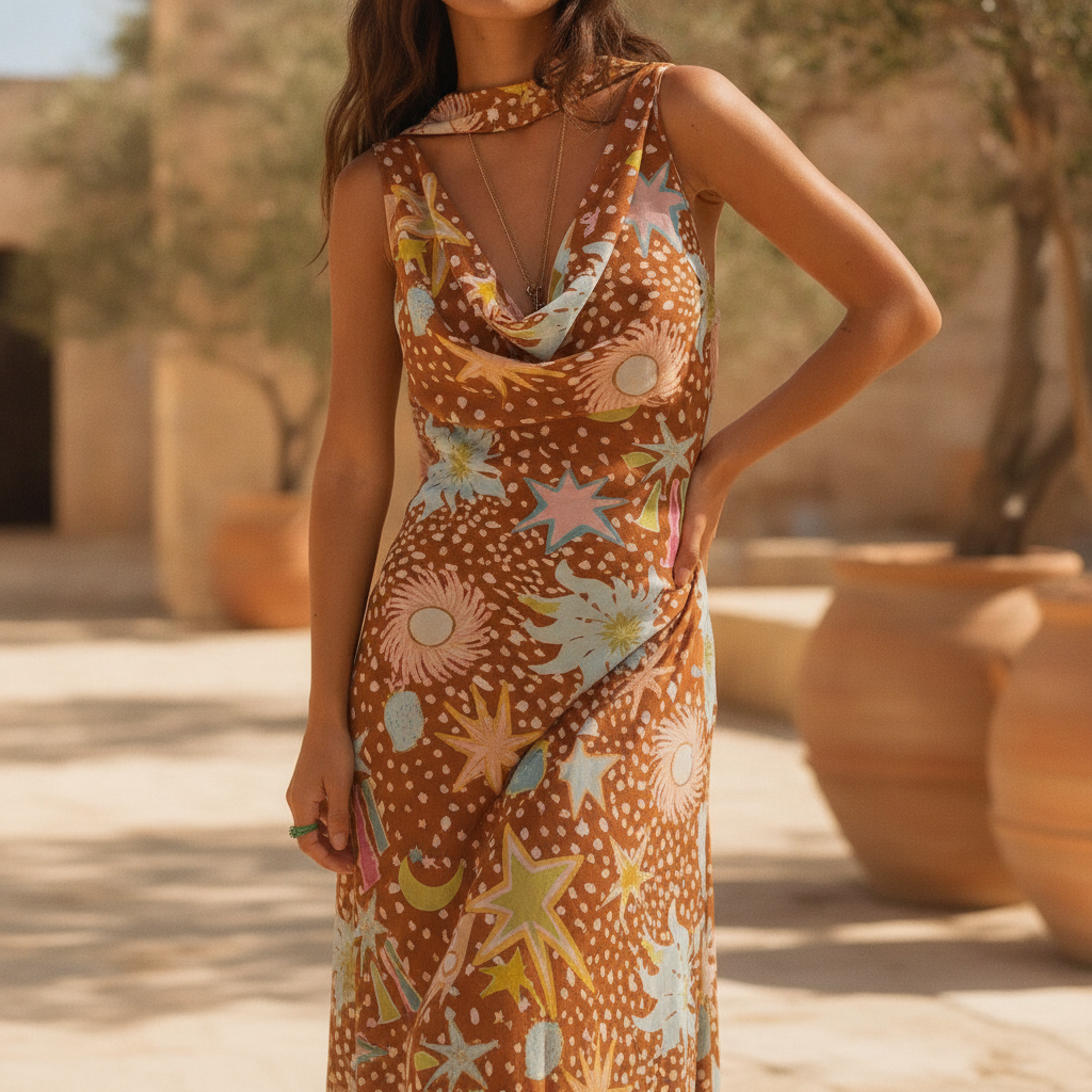 Vestido largo con cuello drapeado halter y espalda baja