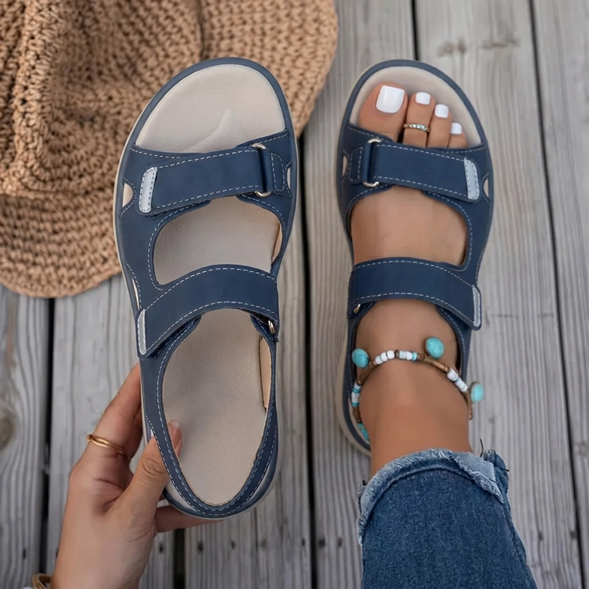 Sandalias Mujer Cierre Velcro Ajustable Punta Ancha Suela Antideslizante Livianas Caminar Cinco Colores