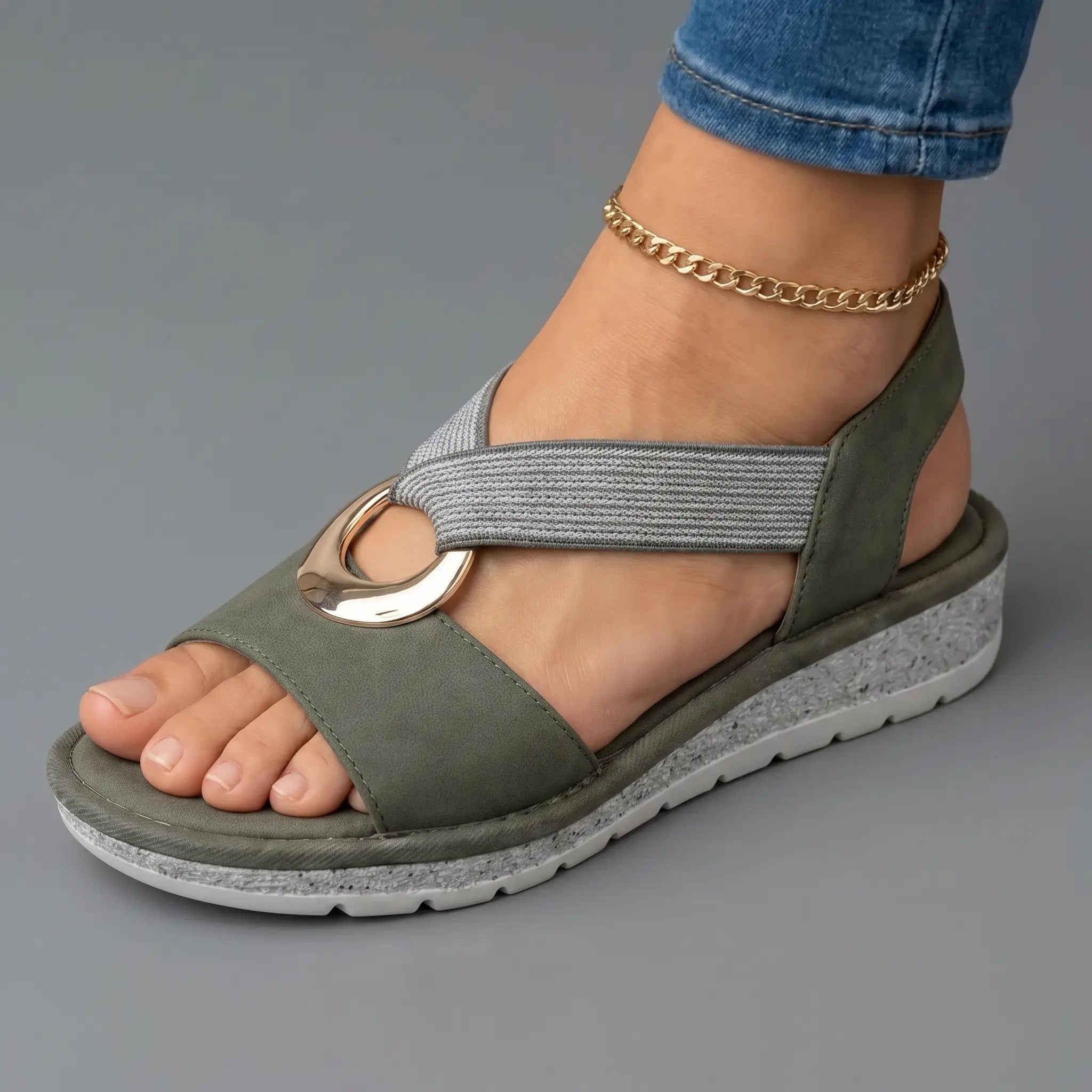 Sandalias Mujer Tiras Trenzadas Elásticas Anillo Dorado Cuero Suela Antideslizante Cuatro Colores