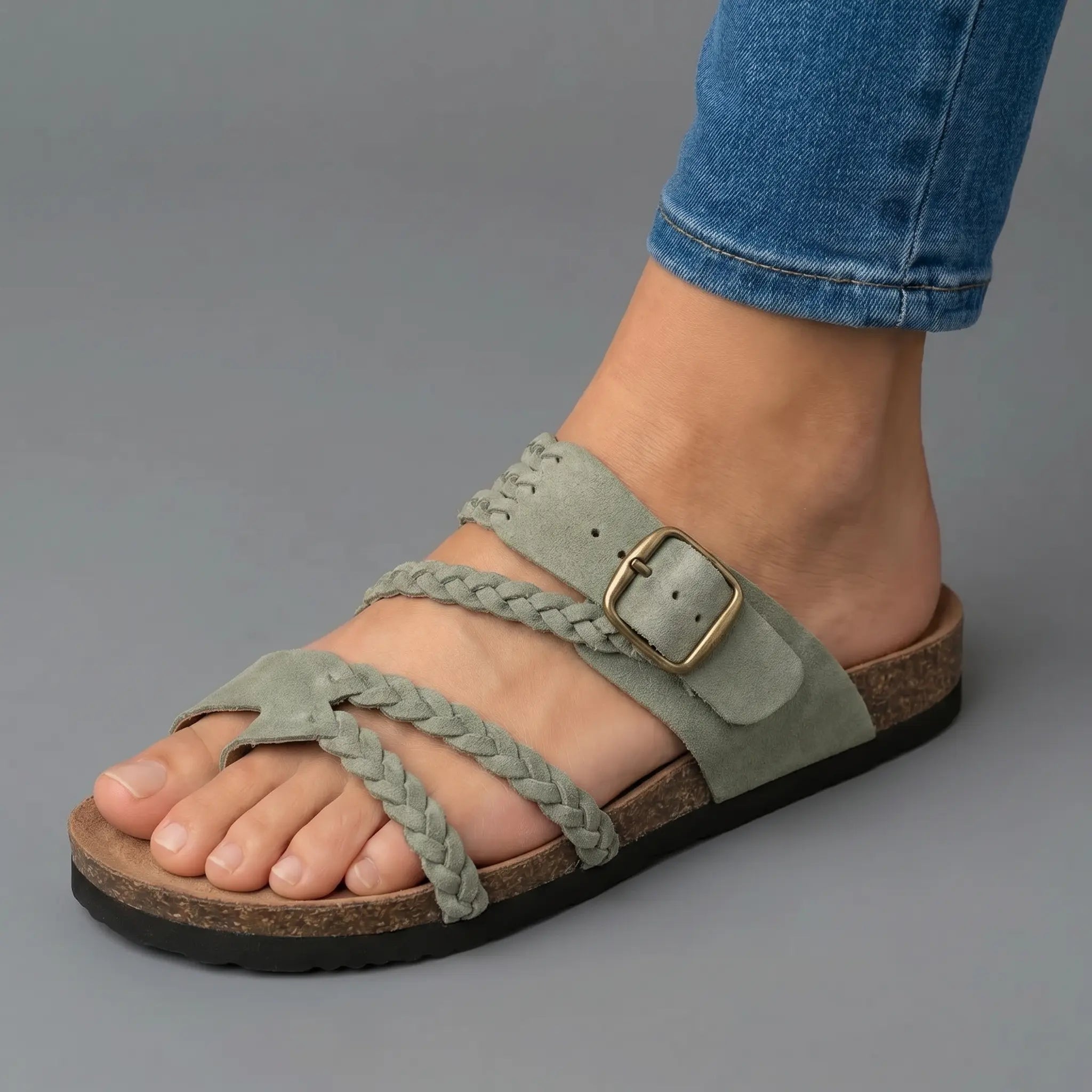 Sandalias Mujer Tiras Trenzadas Hebilla Ajustable Separador de Dedos Plantilla Anatómica Nueve Colores