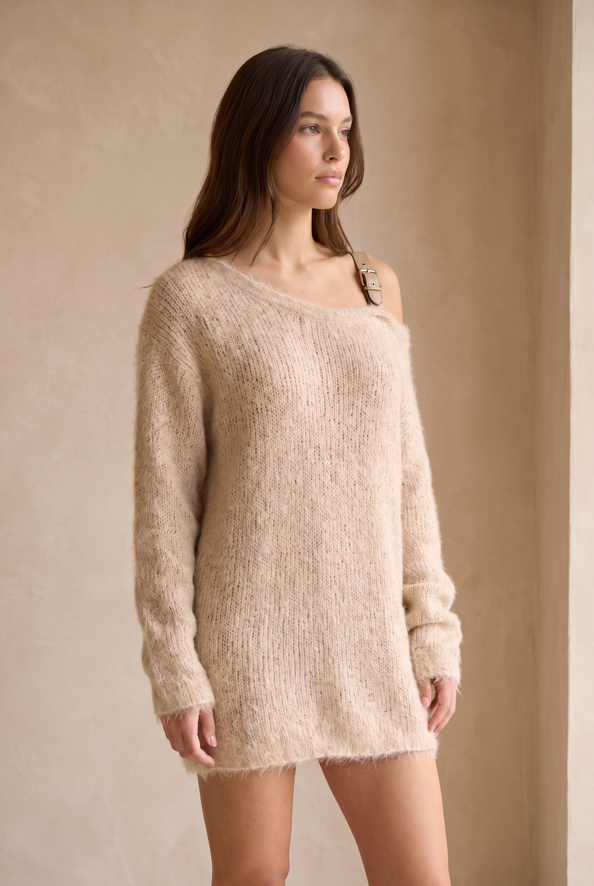 Off-shoulder knit mini dress in oatmeal for women