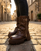 Buckle biker platform ankle boots for women