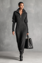 Zip-neck knit maxi dress in dark gray for women