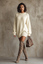 Vintage knit mini dress in caramel brown, off-white, black, gray or military green for women