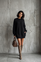 Vintage knit mini dress in caramel brown, off-white, black, gray or military green for women