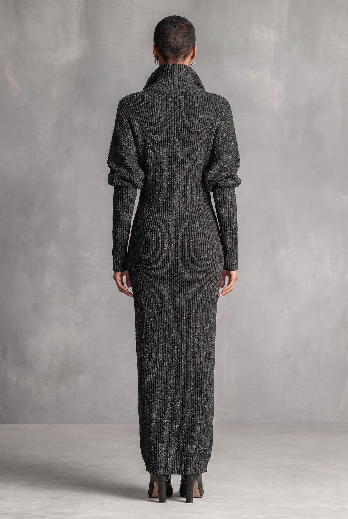 Zip-neck knit maxi dress in dark gray for women