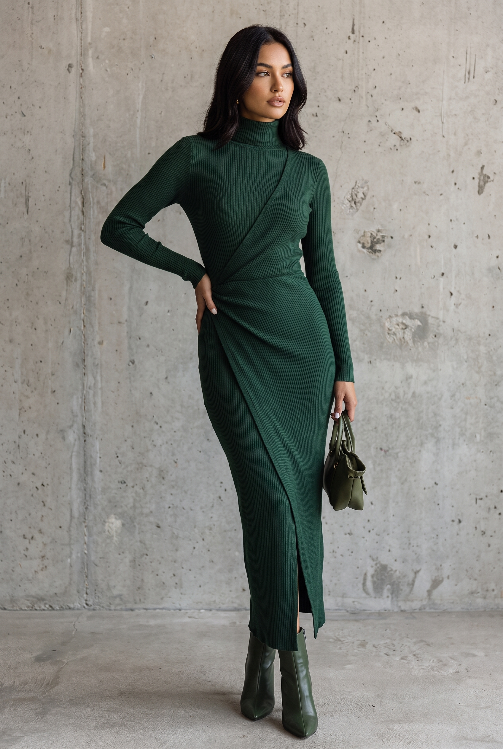 Knit wrap midi dress in dark green for women