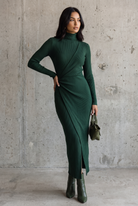 Knit wrap midi dress in dark green for women