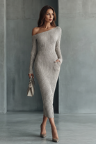 One-shoulder knit maxi dress in gray for women