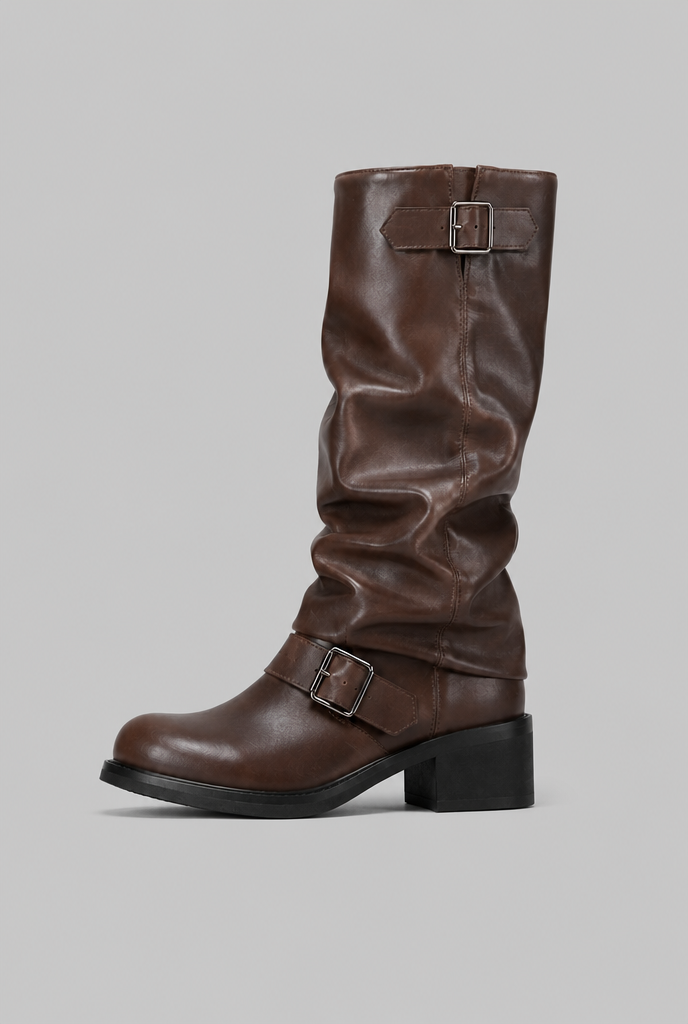 Knee-high biker slouch boots for women