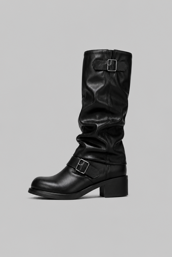 Knee-high biker slouch boots for women