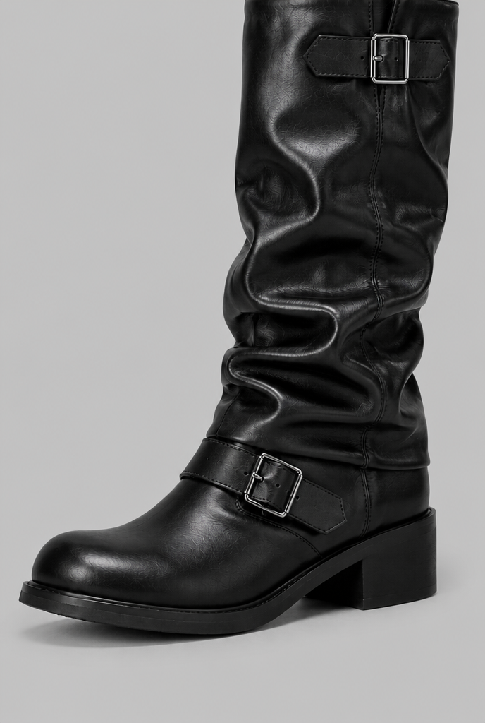 Knee-high biker slouch boots for women